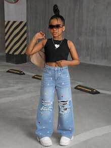 SHEIN Quần jeans ống rộng dáng suông phong cách Y2K cho bé gái, màu sáng, đính đá lấp lánh, có túi, thích hợp mặc ở sân bay, quần ống rộng, thời trang đường phố, quần jeans ngộ nghĩnh, thích hợp cho mùa tựu trường, dự tiệc sang trọng, Giáng sinh, Năm mới, phong cách thường ngày thanh lịch - Rửa trung bình - Xem 2