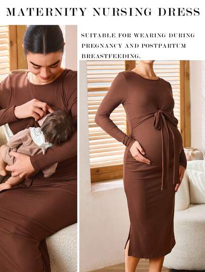 SHEIN 孕妇纯色圆领长袖前系带哺乳修身连衣裙