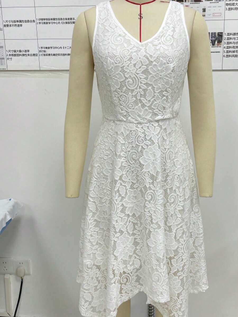 Chiquease White V-Neck Sleeveless Asymmetrical Lace Dress - White - View 1