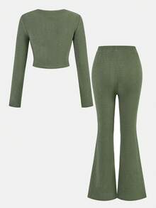 SHEIN 2pcs Tween Girls Casual Set: Crew Neck Long Sleeve T-Shirt + Flare Pants, Autumn/Winter Outfit - Army Green - View 11