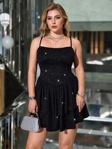 Hourglow Plus Size Women Solid Color Shiny Pleated Slip Dress For 2026 New Year, For Hourglass Body Shape