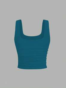 FavEase Blue Padded Square Neck Casual Fitted Tank Top, Summer - Teal Blue - View 2