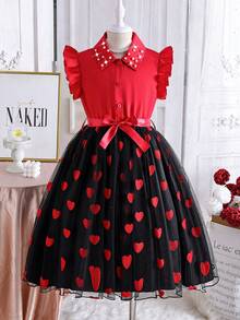 European And American Fashion New Girls Shirt Collar Cap Sleeve Airy Heart Mesh Skirt Casual/Holiday Outfit, Polo Collar Bow Elegant Princess Dress - Multicolor - View 3