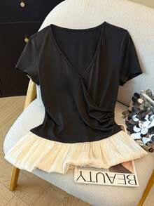 Resyla 女士优雅深V领交叉裹身撞色荷叶边短袖T恤 - 彩色 - 查看 1