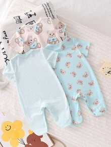 3件套新生儿简约可爱小熊印花图案舒适短袖连体短裤家居服 - 藍色 - 查看 2
