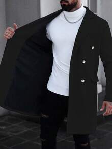 Manfinity Homme Men's Elegant Autumn Long Sleeve Overcoat,Black And Silver Button Front Solid Color Office Outerwear,European Style Fashion Clothes For Husband - Black - View 4