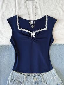 少女休闲简约度假风方领蕾丝边饰蝴蝶结褶皱泡泡袖修身纯色T恤，藏蓝色