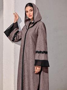 Al Najma Đầm Abaya có mũ trùm đầu phối ren, màu tương phản dành cho nữ - Đỏ - Xem 1