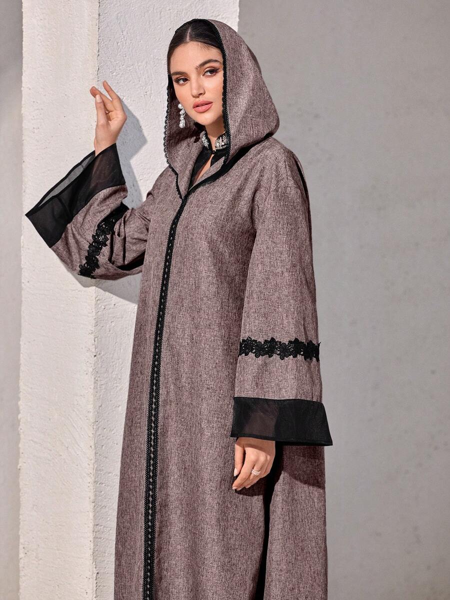 Al Najma Đầm Abaya có mũ trùm đầu phối ren, màu tương phản dành cho nữ - Đỏ - Xem 1