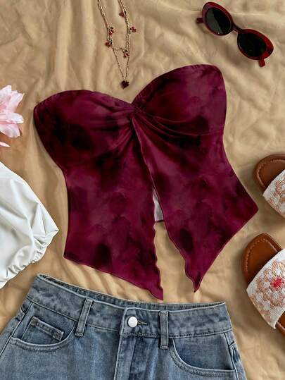 Soleia Blusa casual y elegante de mujer con nudo retorcido y bajo asimétrico, estampado tie-dye, color rojo Angola