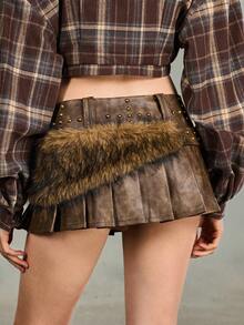 ROMWE EDITION Chân váy ngắn bằng da PU phối lông thú màu nâu kiểu retro Y2K gợi cảm dành cho nữ - màu nâu - Xem 3