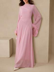 Graceveil 女士优雅雪纺拼接荷叶袖长连衣裙，时尚高贵 - 粉色 - 查看 2