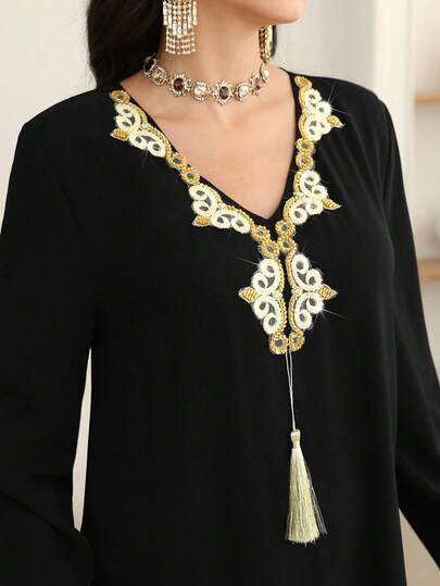 Al Najma Elegant V-Neck Loose Long Sleeve Dress With Luxurious Woven Ribbon Decor And Tassel Kaftan Jalabiya Dress