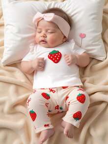 SHEIN Bộ áo thun ngắn tay cổ tròn + quần cho bé gái sơ sinh 0-9 tháng tuổi, kiểu dáng thường ngày, dễ thương, đa năng, họa tiết, thích hợp mặc mùa hè, đồ mặc thoải mái cho bé gái. - trắng - Xem 8