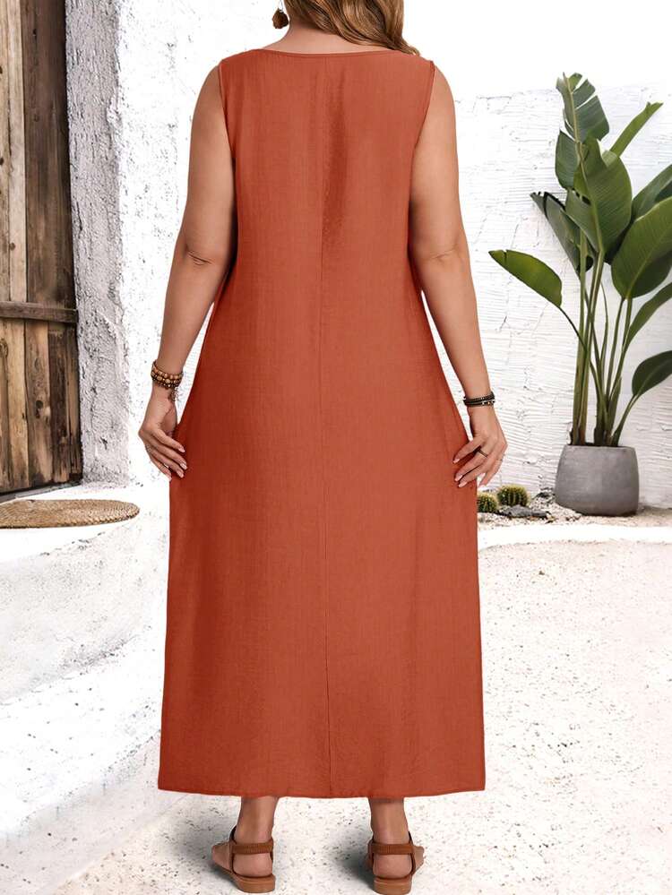 Plus Size Women Solid Color Round Neck Pocket Sleeveless Casual Loose Dress Country Style For Women Summer Holiday Outfits Spring Break Outfits Maxi Dress With Pockets Plus Size Maxi Summer Dress Plus Size Summer Sets