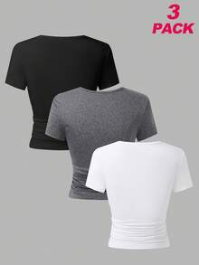 SHEIN ChillGRL Bộ 3 áo thun tay ngắn dệt kim màu trơn đơn giản, thanh lịch, có nút thắt eo, phối đồ đa năng, phù hợp cho thanh thiếu niên và phụ nữ, nhiều màu sắc, ngày lễ tình nhân - Màu xám đen - Xem 2