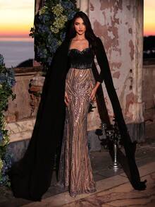 Aureia Elegante y lujoso albornoz de satén elástico tejido negro con bordado de flores y lentejuelas, adecuado para galas, eventos de negocios, fiestas privadas, cumpleaños, vacaciones, bodas y otras ocasiones formales - Multicolor - Ver 4