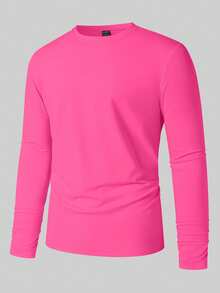 Manfinity Homme Men's Casual Solid Color Round Neck Long Sleeve T-Shirt, Autumn - Pink - View 4