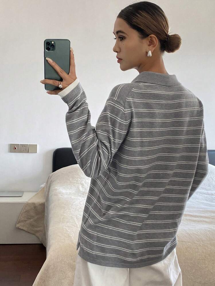 Women's Loose Fit Contrast Striped Polo Collar Long Sleeve Casual Knit Sweater, Spring/Autumn