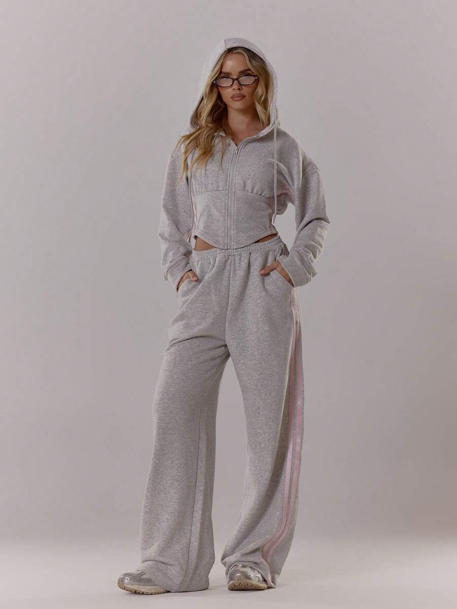 MUSERA Pantalones jogger de pierna ancha con costuras laterales de contraste, casuales, para el aeropuerto, ropa de estar en casa, vuelta al colegio, pantalones de chándal de - Gris - Ver 1