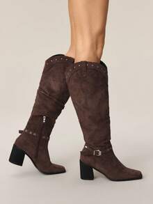 Styleloop Women's Fashionable Retro Chunky Heel Over-The-Knee Boots For Christmas - Coffee Brown - View 4