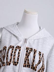 Teen Girl 250g Heavyweight Leopard Print & Letter Graphic Sweatshirt Jacket, Casual Street Style, Suitable For Spring & Autumn - Light Grey - View 5