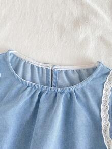 Baby Girl Cute Summer Blue And White Denim Vest&Shorts Set,Lace Flutter Sleeve Ruffle Trim Hollow Out Embroidery Casual Vacation Outfit For Beach - Medium Wash - View 12