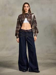 ROMWE Grunge Punk Women's Solid Color Casual Wide Leg Jeans With Dual Waistbands