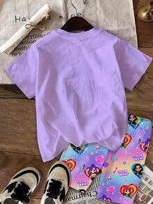 SHEIN 2件套少女休闲时尚彩色韩流女团字母星星印花圆领短袖T恤和短裤套装，适合度假、派对、日常穿着、演唱会等场合。 - 彩色 - 查看 3