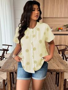 SHEIN Clasi Plus Size Random Floral Print Casual Short Sleeve Shirt - Yellow - View 3