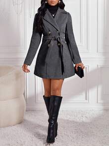 SHEIN Lady 秋冬季卡其色翻领羊毛大衣，优雅女士秋季服装，风衣式女装，双排扣羊毛大衣，带背带设计，冬季女士夹克，防风夹克，秋季女士服装，冬季女士服装，女士服装，秋季女士套装 - 深灰色 - 查看 1