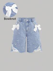 SHEIN Girlism 少女优雅浅色水洗做旧蝴蝶结人造珍珠宽松阔腿牛仔短裤，夏季返校季 - 中等水洗藍 - 查看 5