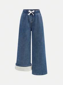 SHEIN Tween Girl Loose Fit Basic Blue Denim Thermal Lined Pants, Autumn/Winter - Dark Wash - View 1