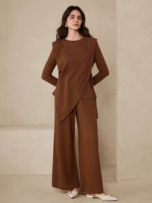 Graceveil Loose Casual Solid Color Knit Design Long Sleeve Top And Comfortable Long Pants Women's Arabic Style Set - Coffee Brown - View 7