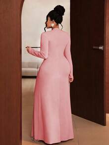 Maweii Vestido formal sexy de talla grande para mujer con cuello asimétrico en color rosa sólido, con abertura y detalle de torsión, para primavera/verano - Rosa - Ver 2