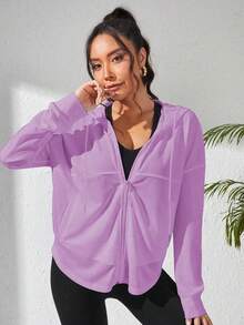 SHEIN Sports 女士纯色落肩长袖拉链前袋连帽运动夹克 - 紫色 - 查看 3