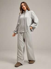女士拉链长袖上衣和松紧腰裤家居服套装，冬季服装 - 淺灰色 - 查看 3