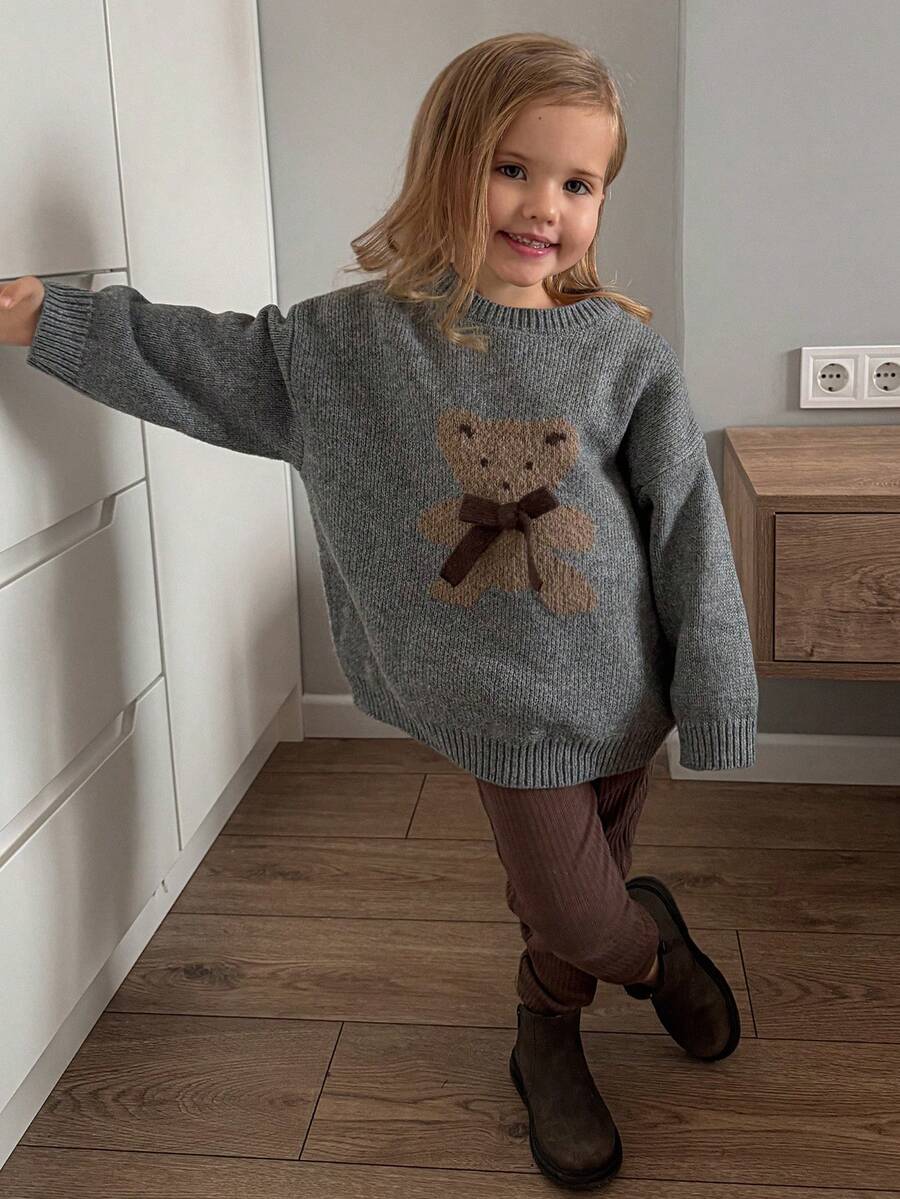 Dazy Kids Áo len dài tay dáng rộng họa tiết gấu hoạt hình cho bé gái, thích hợp mặc mùa thu/đông. - Xám - Xem 1