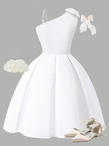 SHEIN 优雅奢华女童不对称蝴蝶结肩部连衣裙，适合婚礼、派对、度假、新娘、礼物、新娘送礼会等场合。