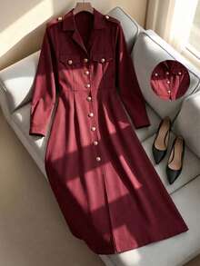 Aveloria Rosie Vintage Retro Coin Pattern Solid Color Long Fitted Flared Dress - Red - View 1