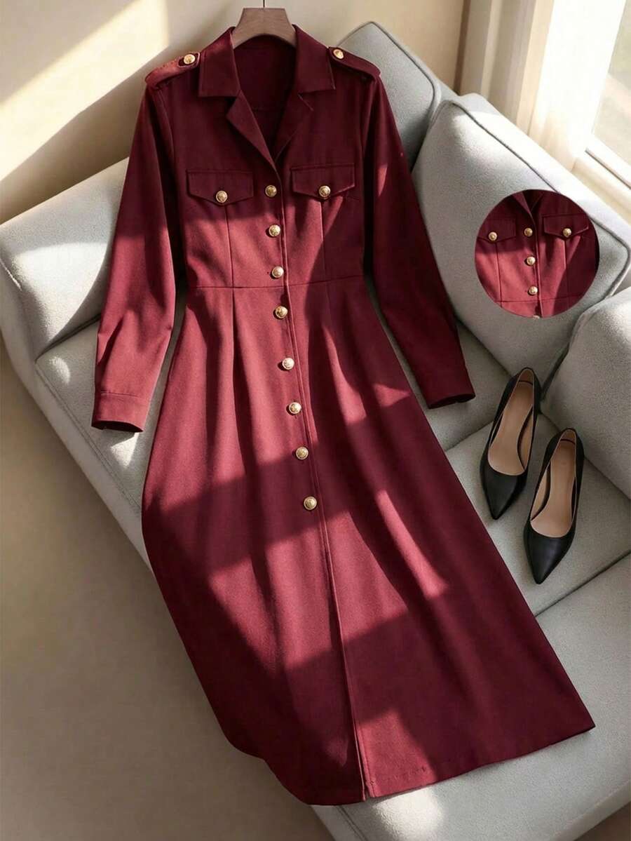 Aveloria Rosie Vintage Retro Coin Pattern Solid Color Long Fitted Flared Dress - Red - View 1