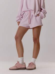 MUSERA 松紧腰带系带宽松版型柔软条纹短裤，仅限秋季穿着，舒适可爱，休闲咖啡俱乐部风格，优雅春夏复活节款。 - 粉色 - 查看 2