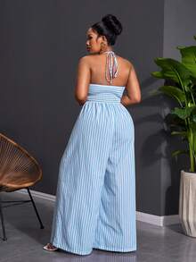 Slaydiva 2026 Plus Size Women's New Spring/Summer Halter Striped Wide Leg Pants, Suitable For Travel, Vacation, Spring Outing - Blue - View 5