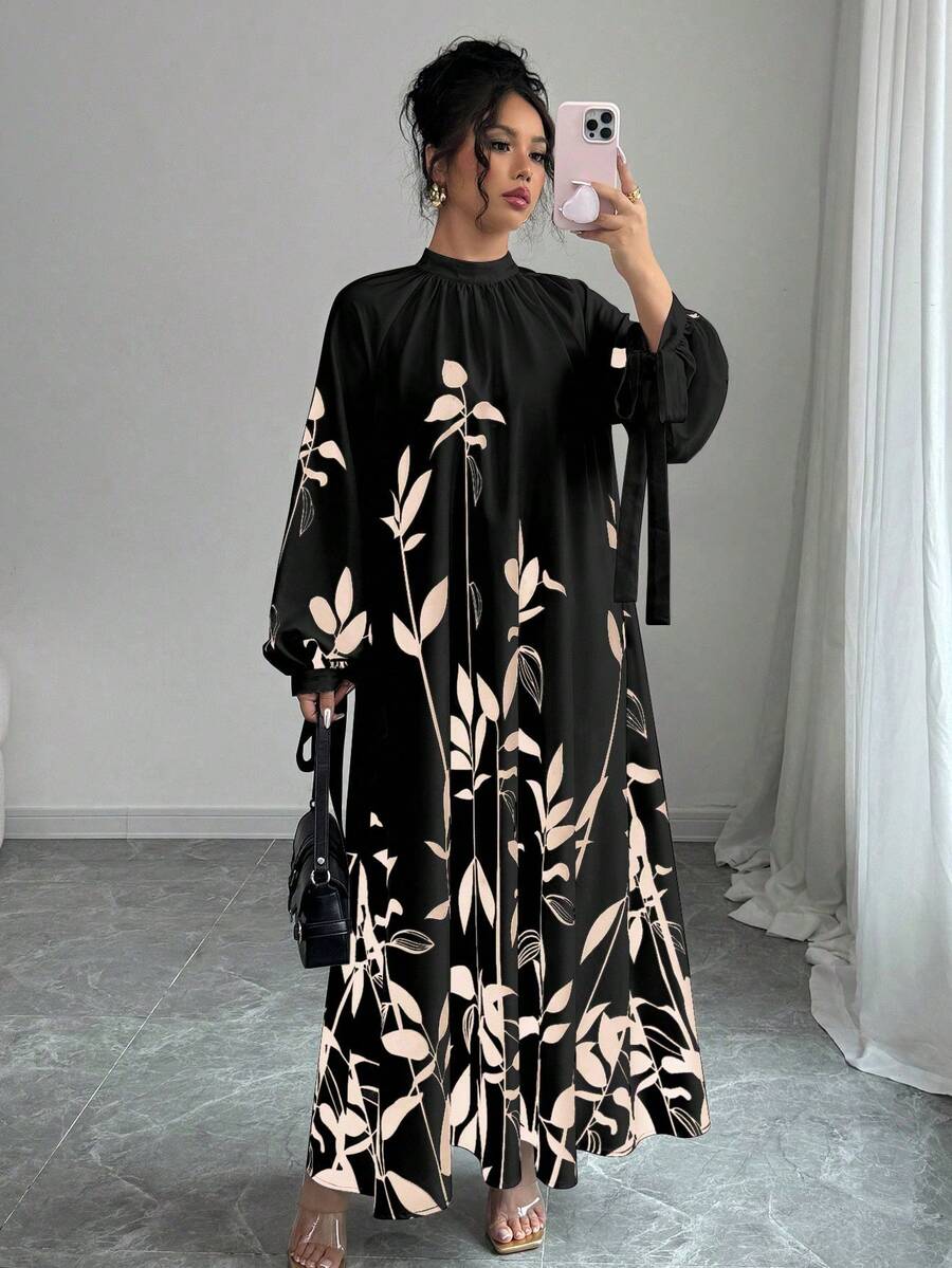 Elenzga Đầm dài tay nữ có thắt cổ và họa tiết hoa. - màu đen - Xem 1