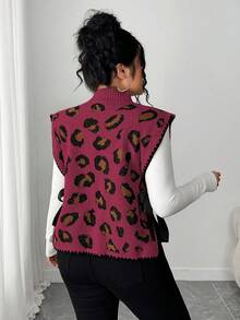 Elenzga Women's Elegant Leopard Print Tie-Up Sleeveless Loose Knit Sweater Vest,Plus Size,Summer Everyday Brown Polka Autumn/Winter Outerwear Leopard Top - Red Violet - View 2