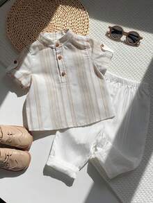 SHEIN 2 piezas Conjunto de top de manga corta con cuello Mao suave de punto y pantalones de cintura elástica para bebé niño, adecuado para fiesta de cumpleaños, rave, fiesta de noche, actuación, boda, baby shower y celebración del 1er cumpleaños - Multicolor - Ver 2