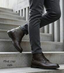 Botín hombre, piel genuina, botín militar, agujetas, calzado formal, estilo robusto, suela resistente, bota vestir hombre, botín piel, clásico masculino - Marrón - Ver 2