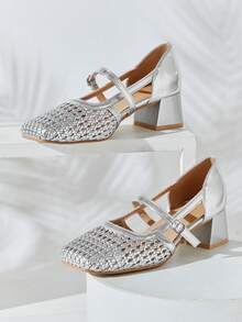 SHUZIA Ladies Crochet Raffia Mary Jane Pumps Valentine's Day Summer Shoes - Silver - View 7