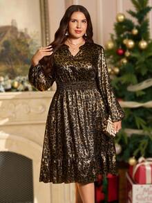 EMERY ROSE Robe élégante à imprimé léopard froncée et scintillante pour femmes grande taille, robe de fête du Nouvel An noire et dorée pour l'automne et l'hiver, vêtements d'automne confortables pour femmes - Multicolore - Voir 1