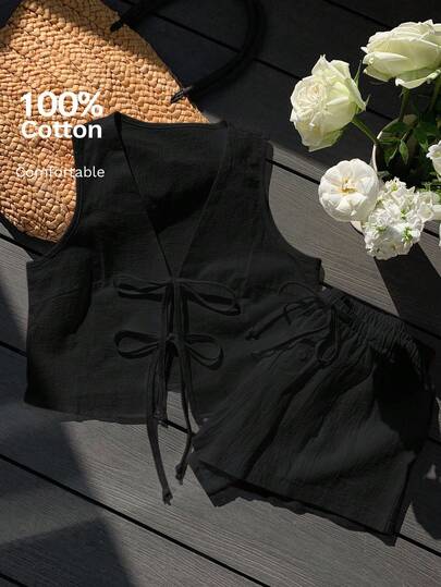 Comfortcana Conjunto informal de 2 piezas de top sin mangas con nudo y shorts de unicolor para mujer, verano